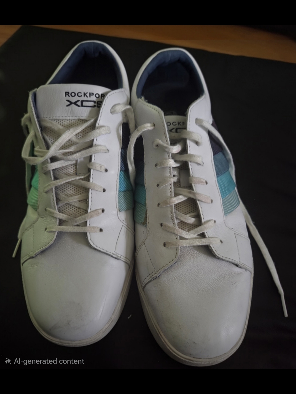 Rockport Men’s White Leather Sneakers with Teal Accents Size 11